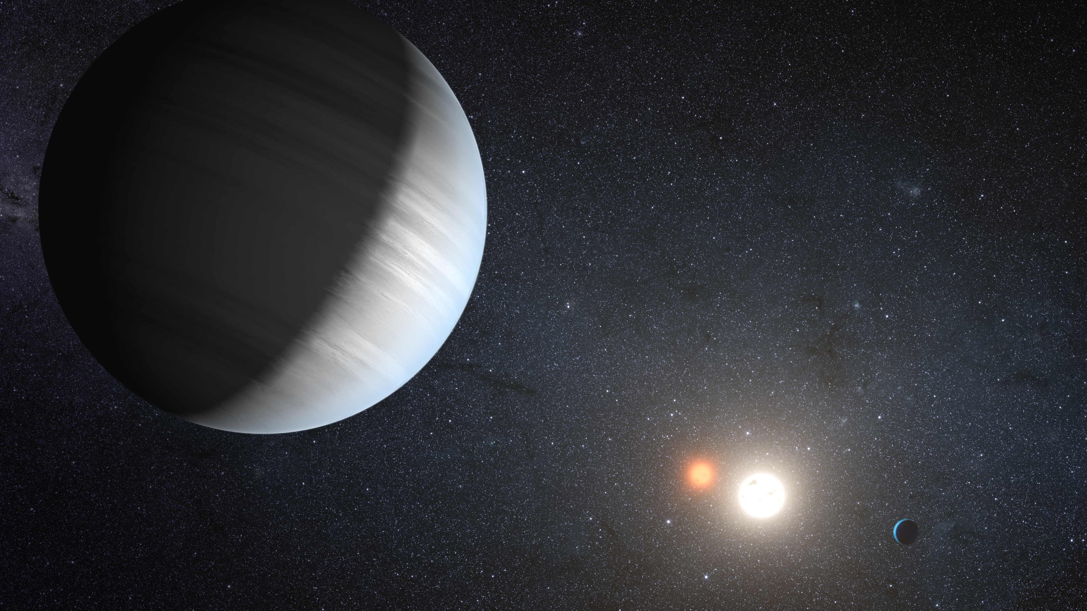 This artist's concept illustrates Kepler-47, the first transiting circumbinary system.